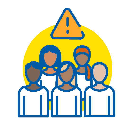 Group of people standing together with warning icon